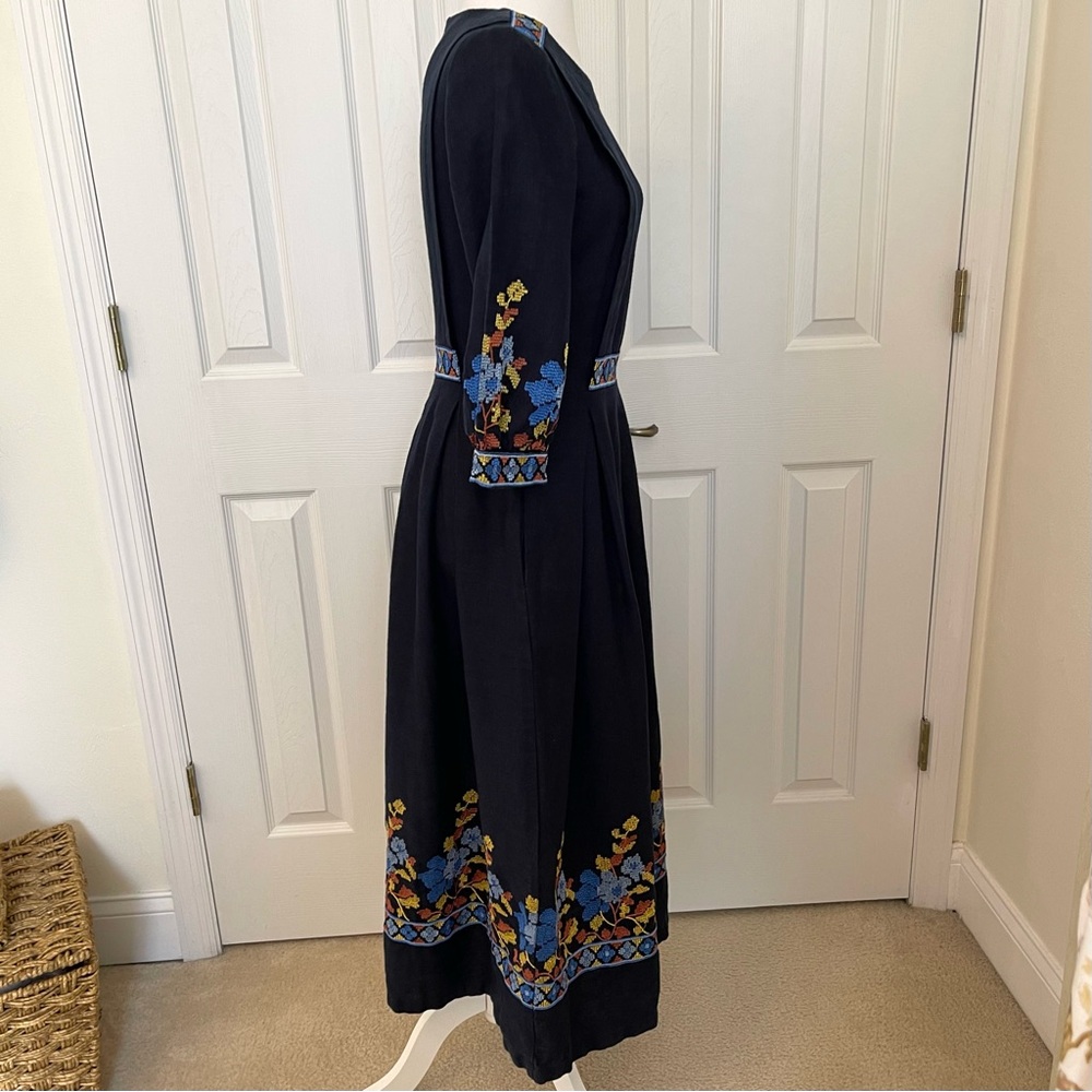 Linen Gallery Navy Blue Embroidered Midi Prairie Dress - Picture 4 of 16